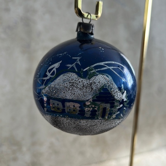 Old Vintage Christmas Ornament Hand Painted Cottage with Mica Sparkle Blue - Picture 5 of 5